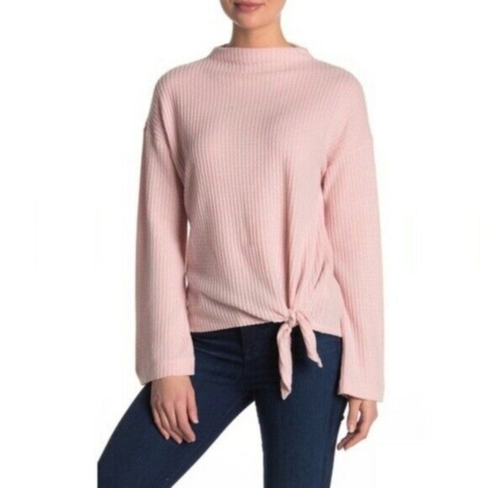 Socialite mock neck tie front waffle knit sweater